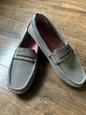 Rothy's Herringbone Penny Loafers in Black & White with Pink Insoles